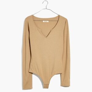 NWT Madewell Long Sleeve Thong Bodysuit Pointelle Split Neck Beige Khaki S